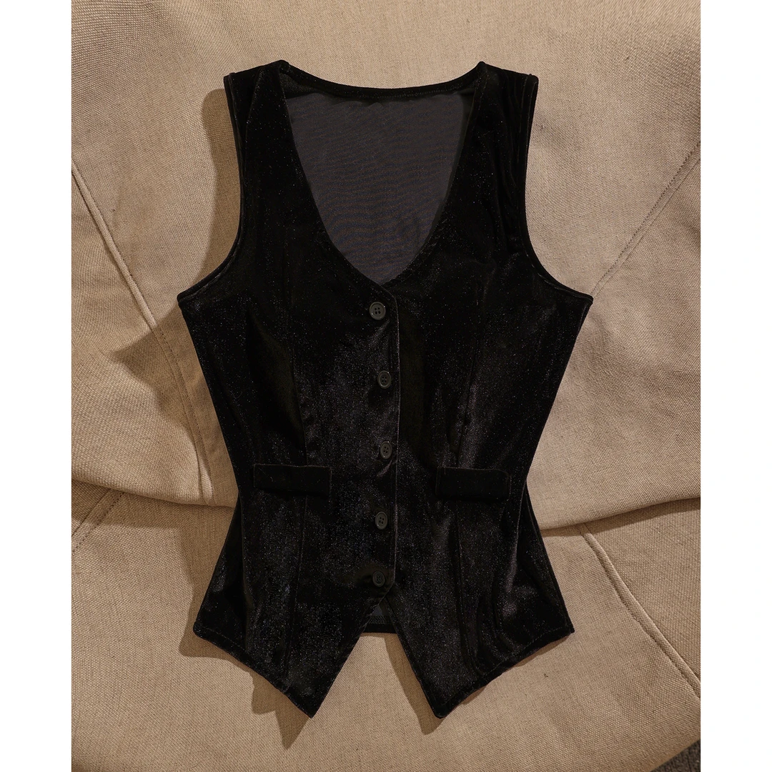 时髦洋气丝绒马甲女外穿黑色V领纽扣背心叠穿高级感高端气质上衣