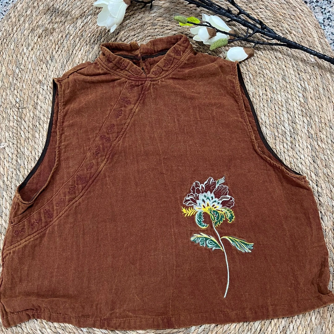 893砂洗炒色麻一枝独秀牡丹花马甲