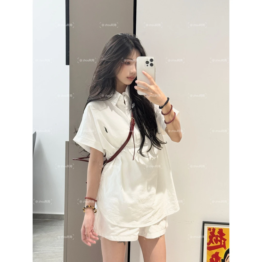 2025老钱感纯色套装夏季薄款显瘦刺绣套装宽松半袖polo两件套潮