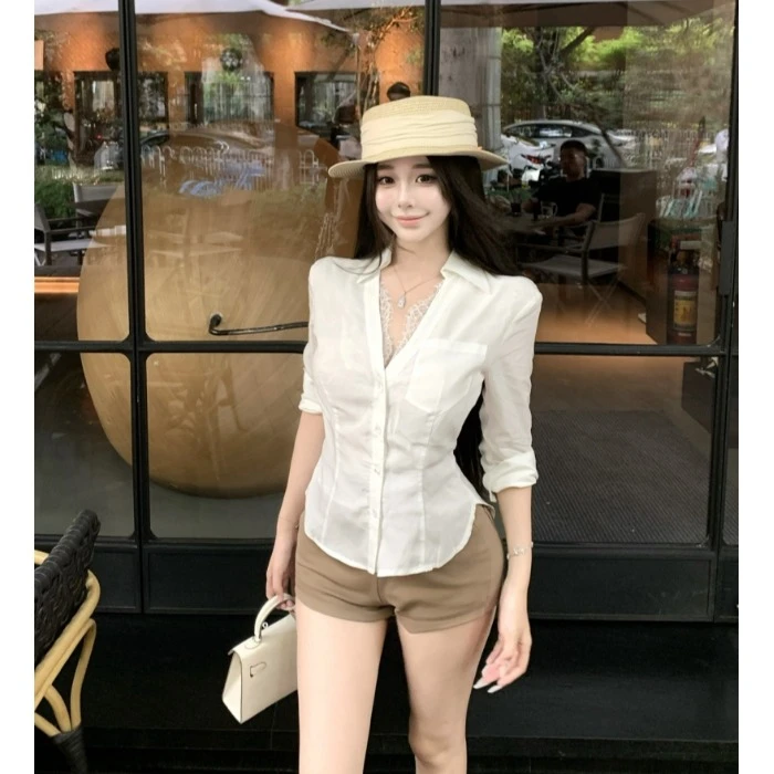 蕾丝拼接白色v领长袖衬衫女夏季七分袖修身收腰衬衣纯欲显瘦上衣