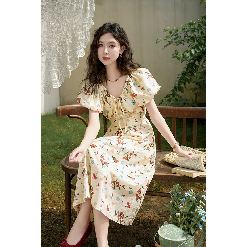 【诗语专属】谜秀法式碎花V领连衣裙温柔泡泡袖裙子MXD30L1868