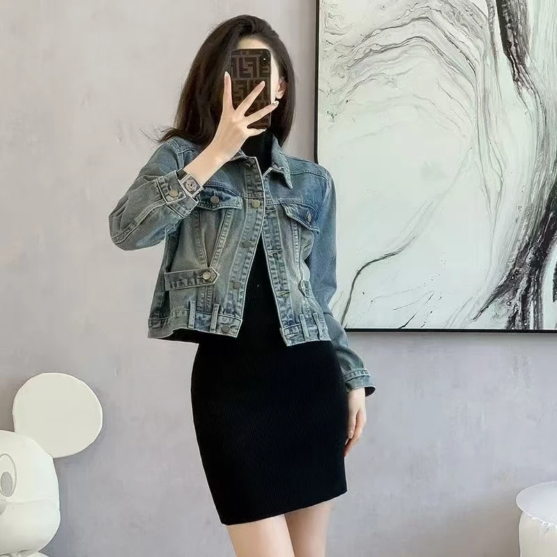 设计感长袖牛仔外套女2025新款宽松外搭连衣裙短夹克上衣潮6-90#
