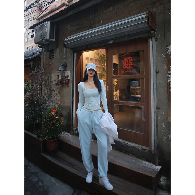 美式新款简约时尚休闲百搭长袖T恤上衣高腰修身显瘦抽绳束脚裤女