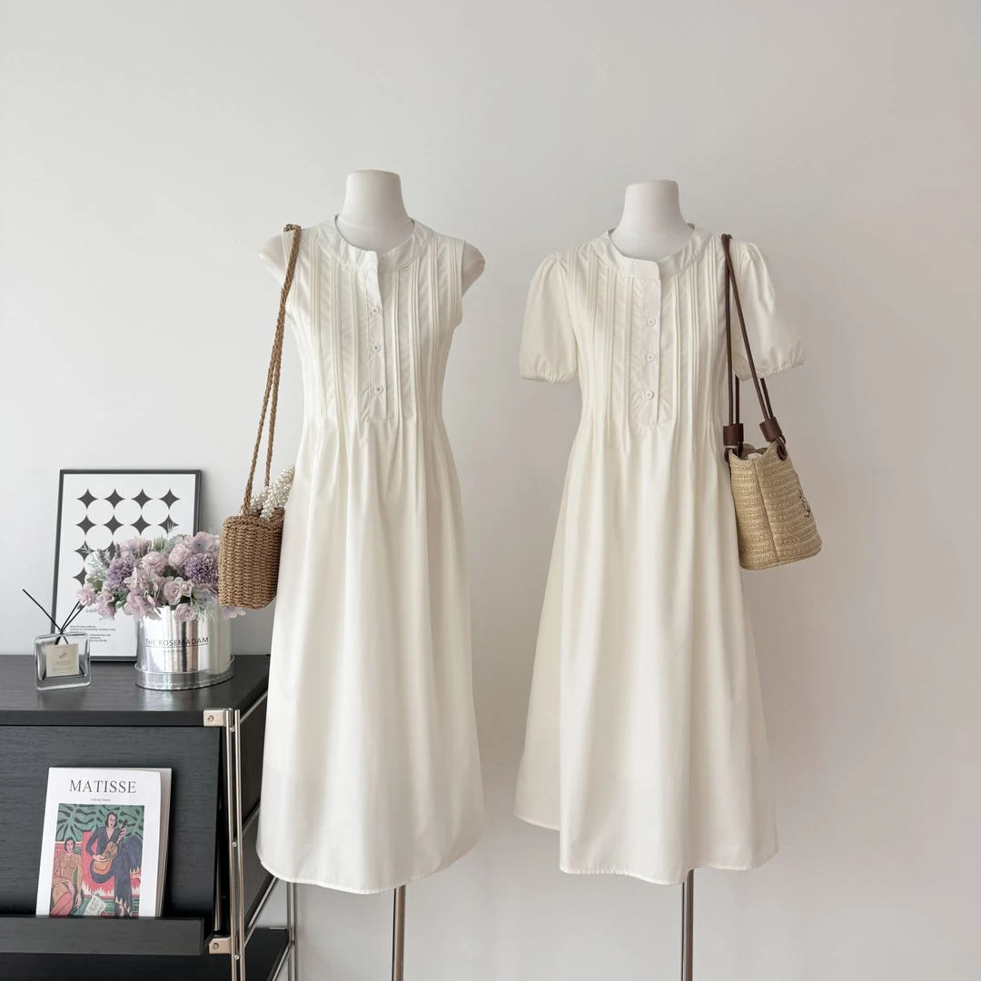 2025春夏法式气质长裙茶歇小个子无袖背心裙短袖连衣裙