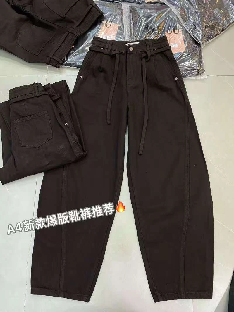 2025早秋新品纯色口袋直筒裤弯刀裤秋冬时尚抽绳设计款