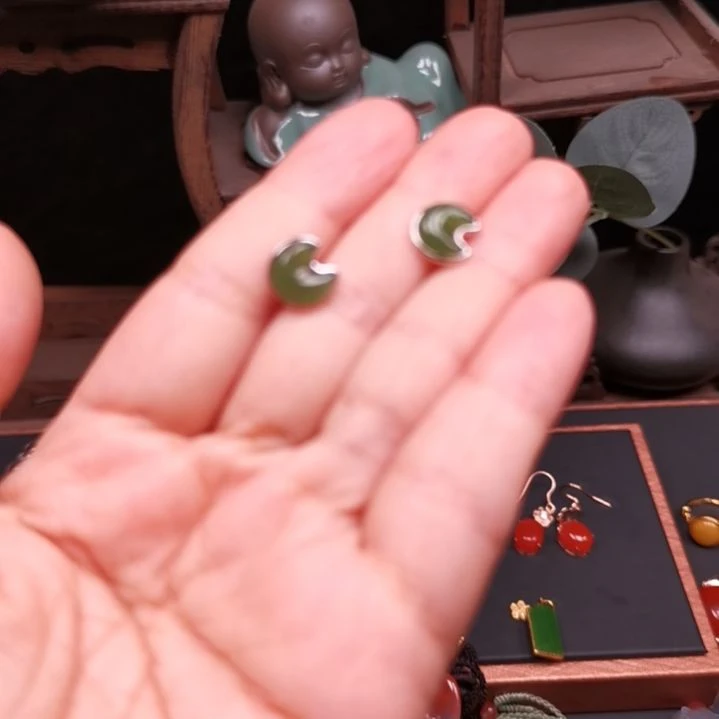 和田玉（碧玉）银S925镶嵌耳饰