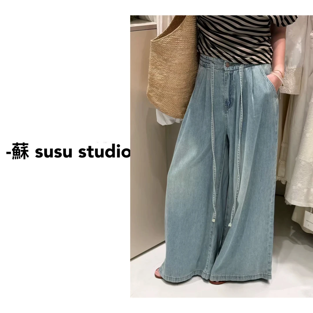 2025夏季新款韩系系带松紧腰宽松阔腿裤女高瘦牛仔裤潮162