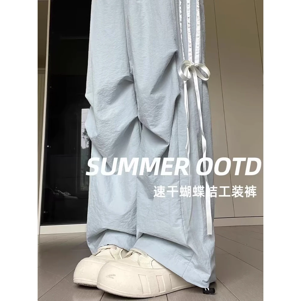 蝴蝶结工装裤女裤夏季女新款韩版垂感宽松运动裤常规休闲阔腿裤子