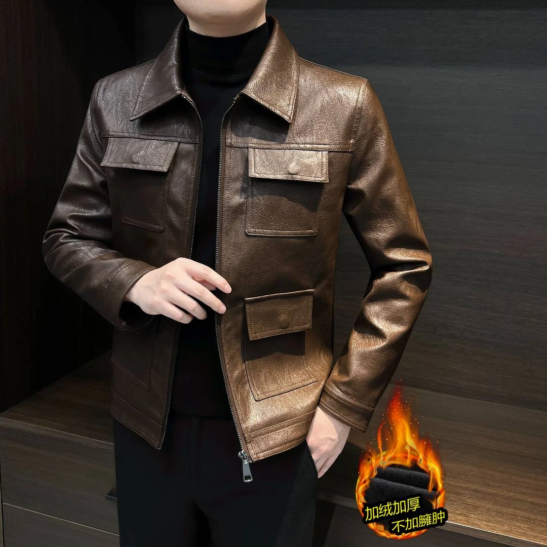 翻领男士皮夹克秋冬时尚加绒加厚男装高级感2025流行衣服男款外套