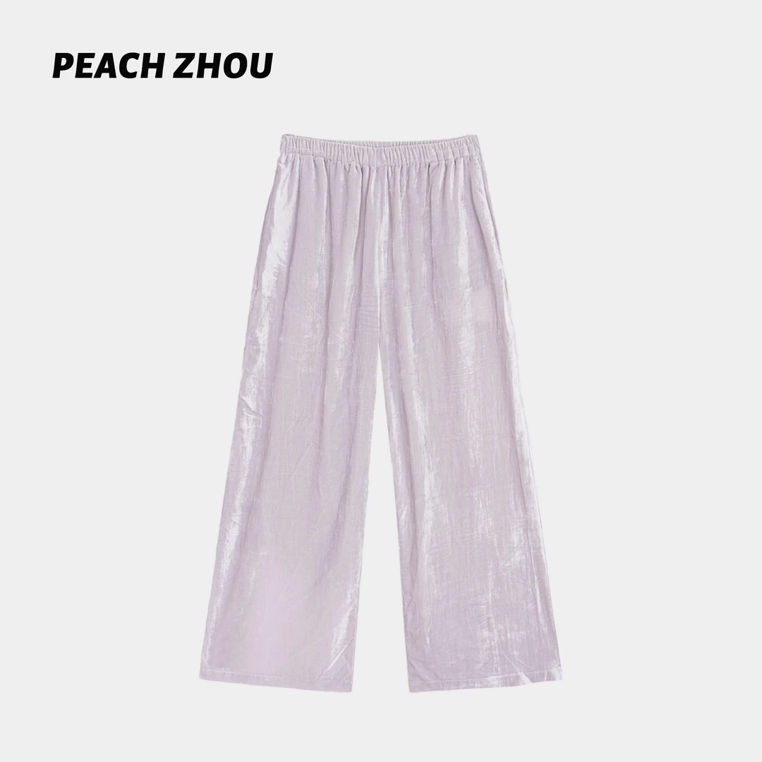 『PEACHZHOU』乔绒纯色高级感宽松直筒休闲裤百搭松紧腰丝绒阔腿