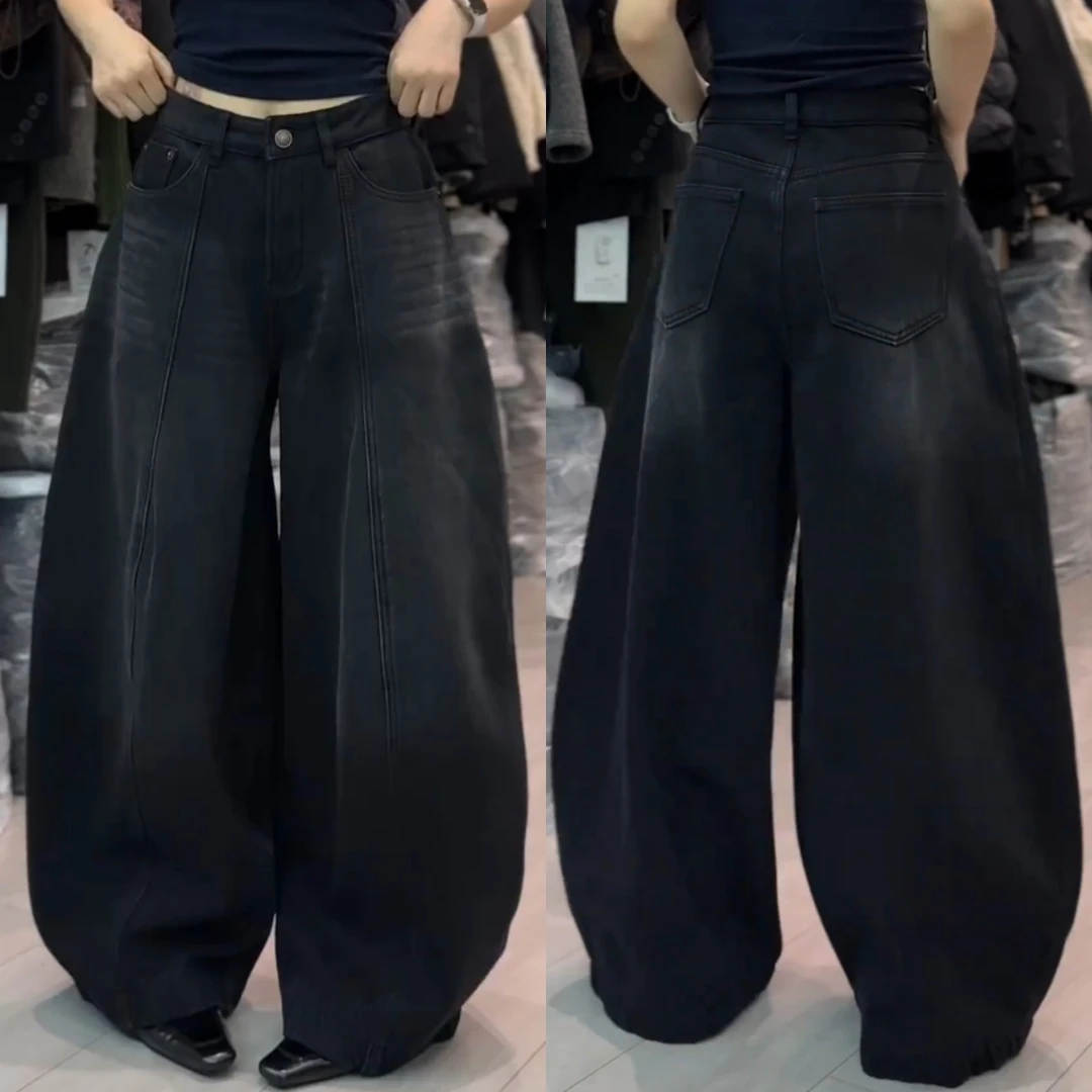 景倩妮爆款复古做旧弯刀牛仔裤2025年秋冬新款加绒显瘦宽松阔腿裤