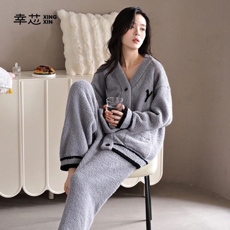 幸芯半边绒睡衣女款秋冬季加厚加绒珊瑚绒家居服大码宽松保暖