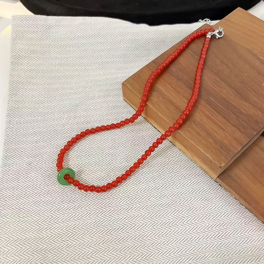 非金属亚克力项链 小众复古民族风圆环吊坠双层古着手作项链红色