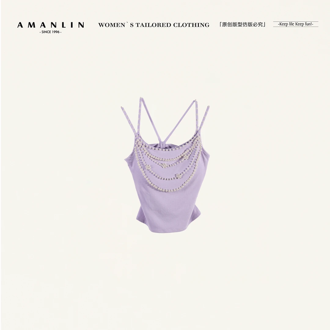 AMANLIN/阿谩琳和欧若风重工钉珠夏款交叉美背上衣吊带F596958