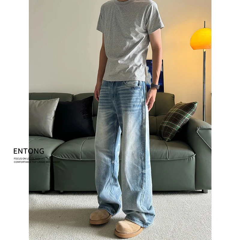 Entong美式高街冰蓝猫须水洗牛仔裤男生百搭潮流宽松直筒休闲裤子