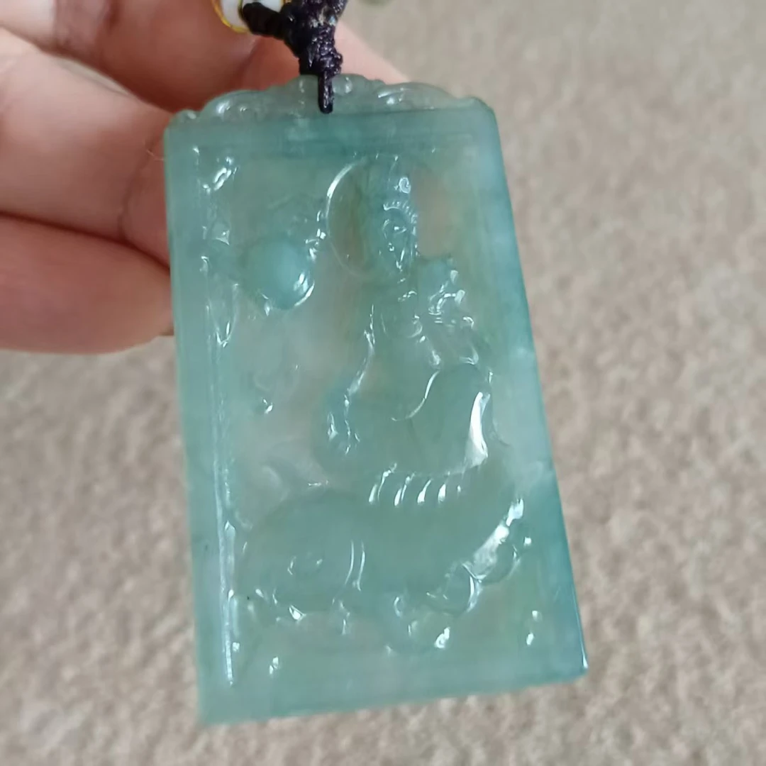 天然A货缅甸翡翠吊坠冰种晴水绿观音菩萨55.5*32*4.6mm玉石玉挂件