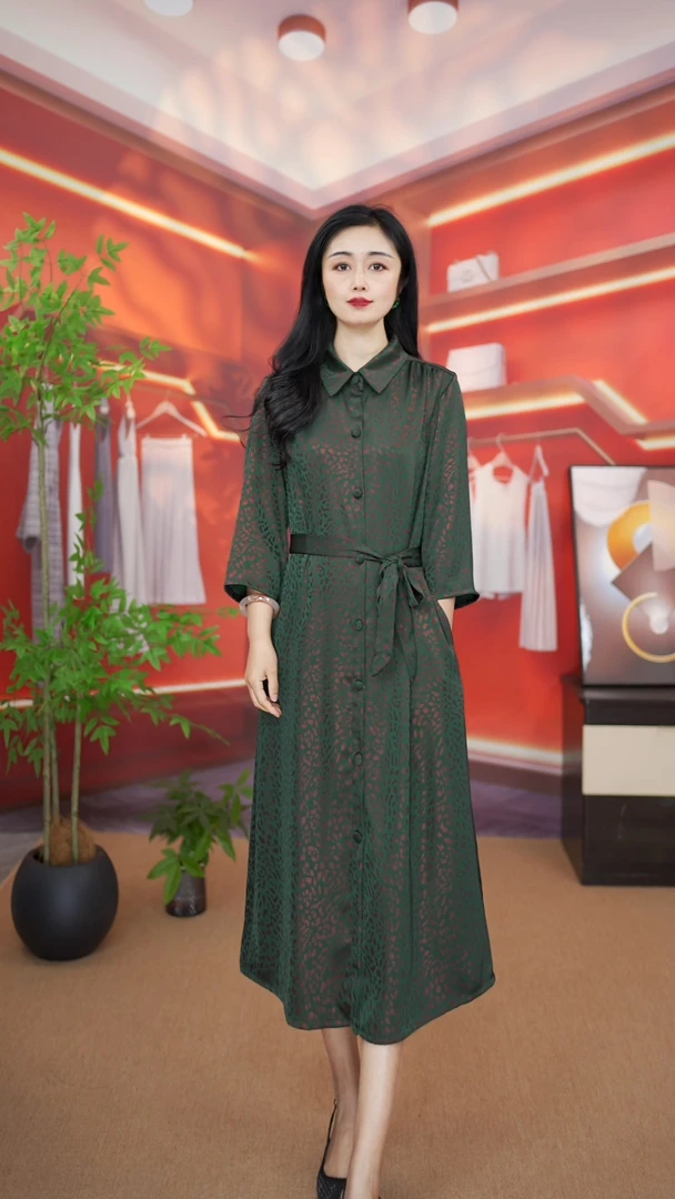 翻领常规开衫单排扣春夏季连衣裙复古气质中长款时尚显瘦女士裙子