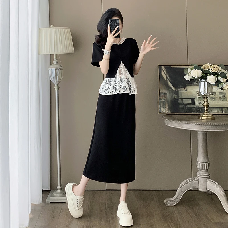 休闲套装女两件套显瘦气质时尚夏季黑色复古中长款拼接连帽短袖