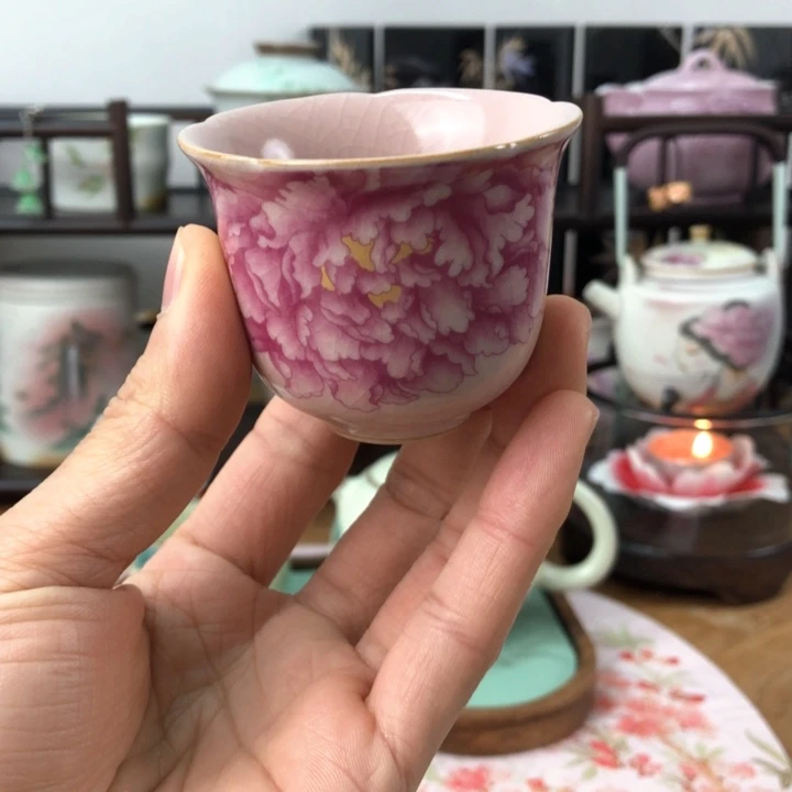 粉汝牡丹开片小花杯