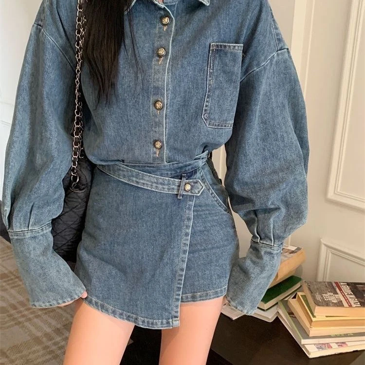 牛仔套装女美式2024复古新款外套高腰不规则显瘦半身裙两件套裤裙