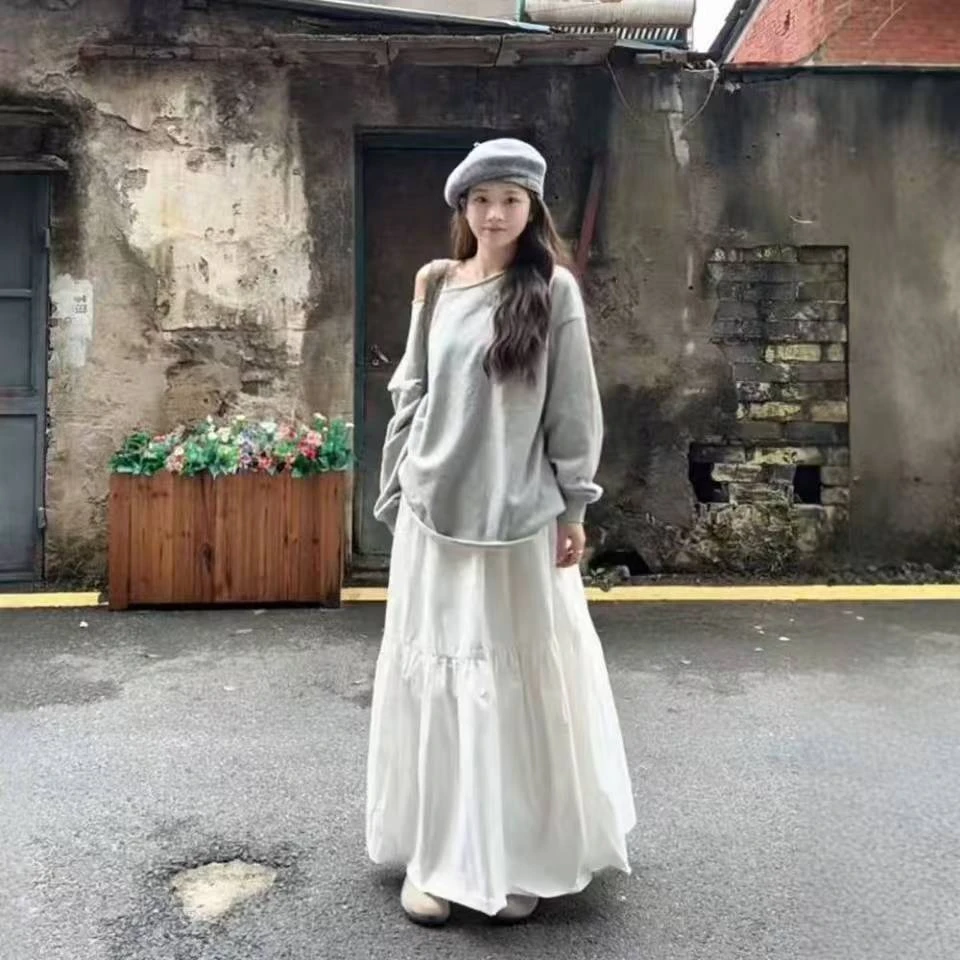 通勤风韩风露肩卫衣半身裙套装白色春秋芭比风清美式