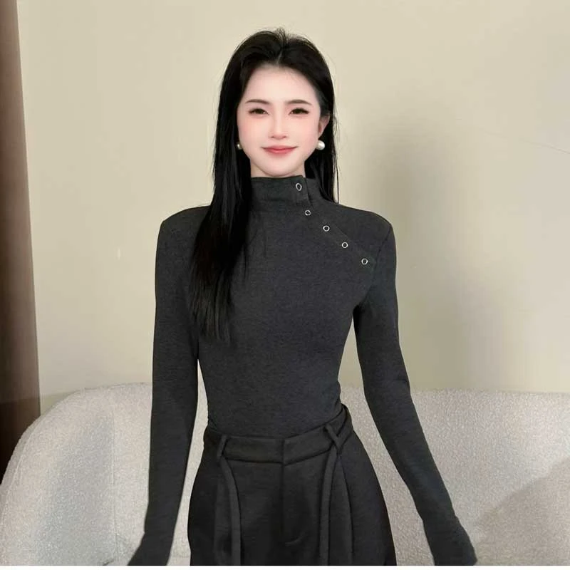 【加倍温暖】设计感半高领拼接长袖T恤女加厚加绒打底衫上衣8827