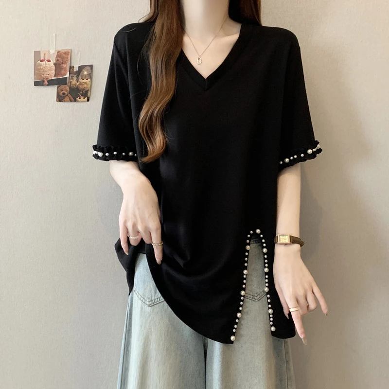 欧货钉珠黑色V领短袖T恤大码女装胖mm夏季爆款宽松遮肚子开叉上衣
