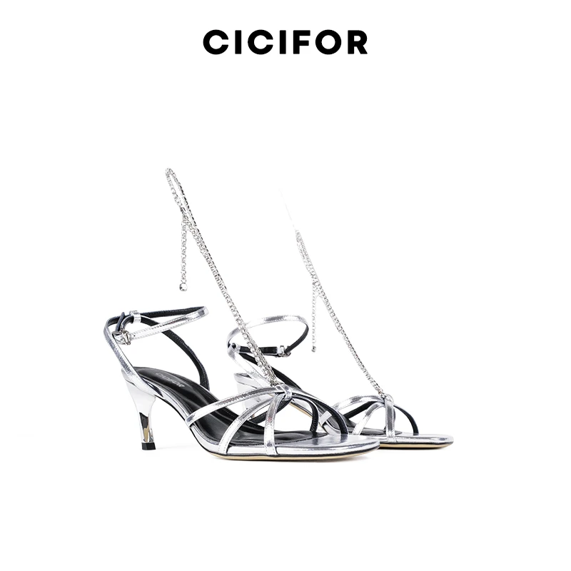 CICIFOR2025新款 卢浮之夜凉鞋时尚水钻链法式细带罗马高跟鞋露趾