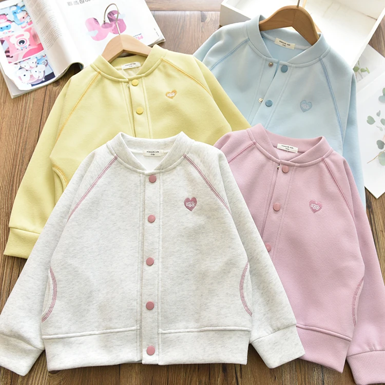 女童爱心麻丝线撞色外套 中大儿童百搭棒球服开衫上衣2025春