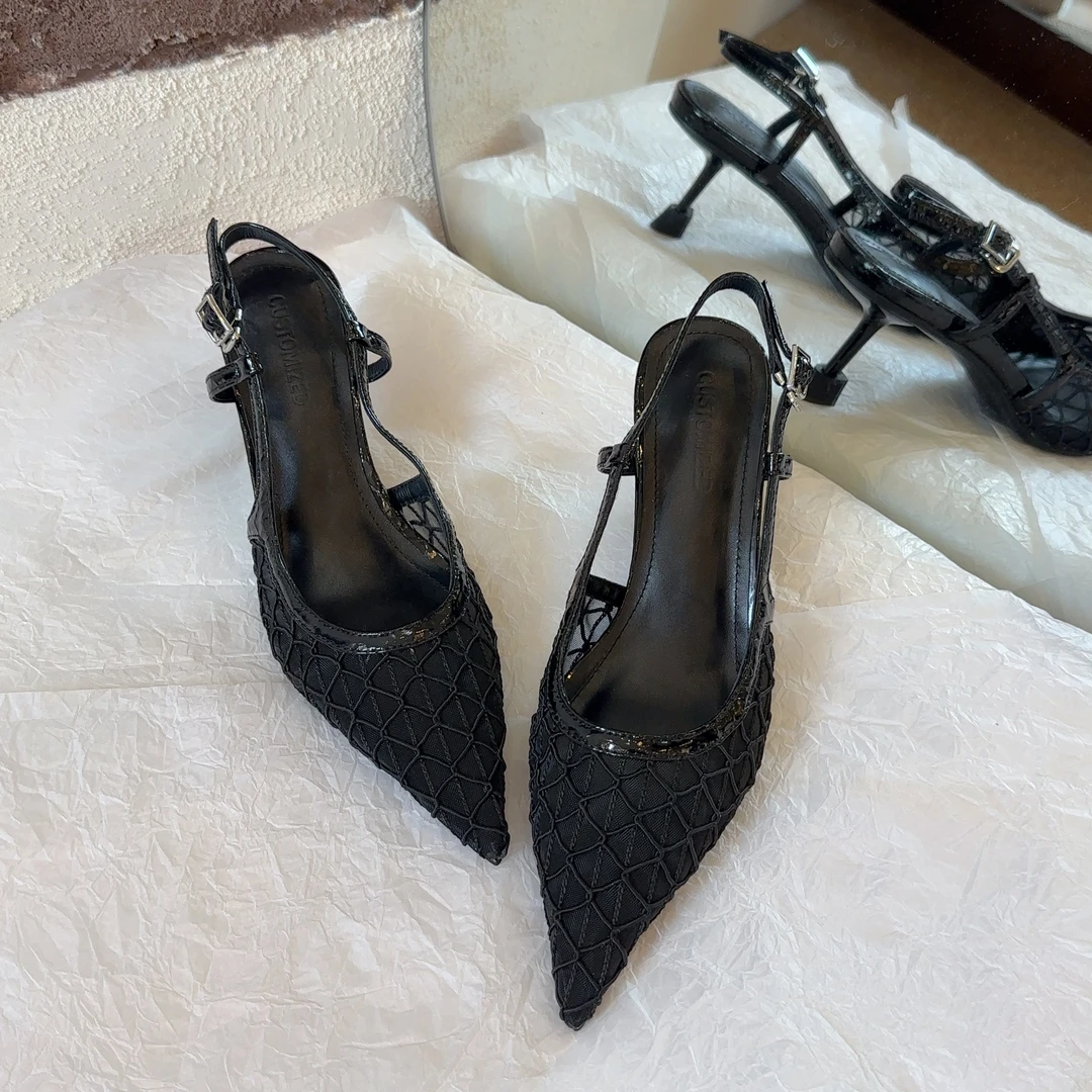 【王二今】牛皮/6CM/尖头细高跟拼接编织渔网镂空一字带后空凉鞋女