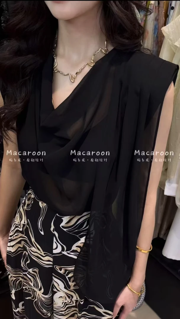 2715黑色气质性感雪纺衫不规则上衣