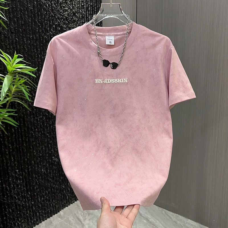 夏季新款潮流扎染烫钻休闲T恤男士宽松圆领时尚半袖体恤衫痞帅潮t