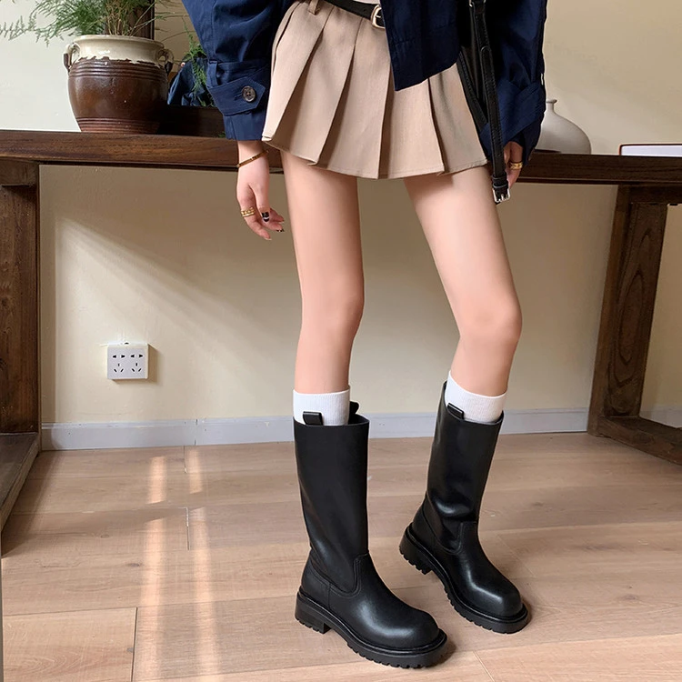小个子厚底直筒中筒靴真皮不过膝长靴棕色显瘦骑士靴女春秋单靴子