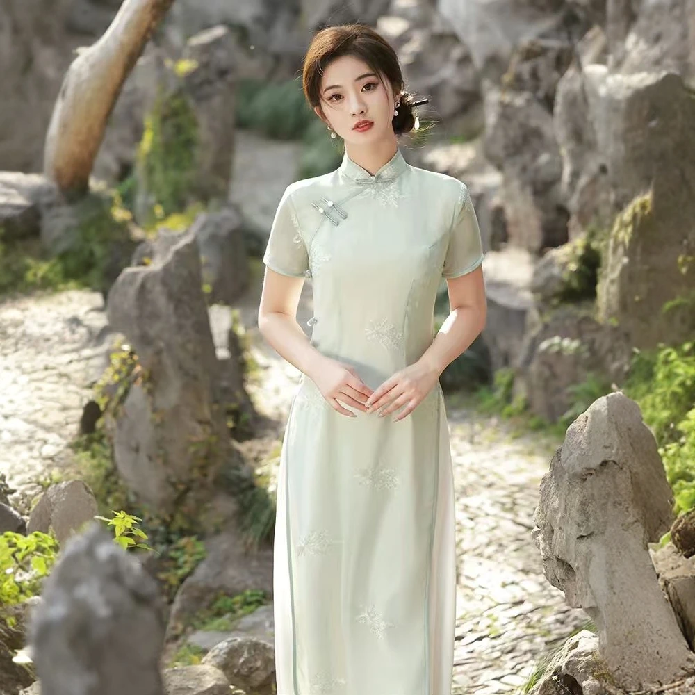 [梦醉清风]新中式奥黛旗袍复古优雅显瘦遮肚子年轻小个子国风旗袍