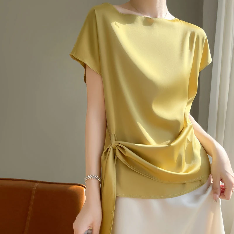 醋酸缎面短袖T恤时尚女夏季薄款新款纯色洋气宽松显瘦一字领上衣