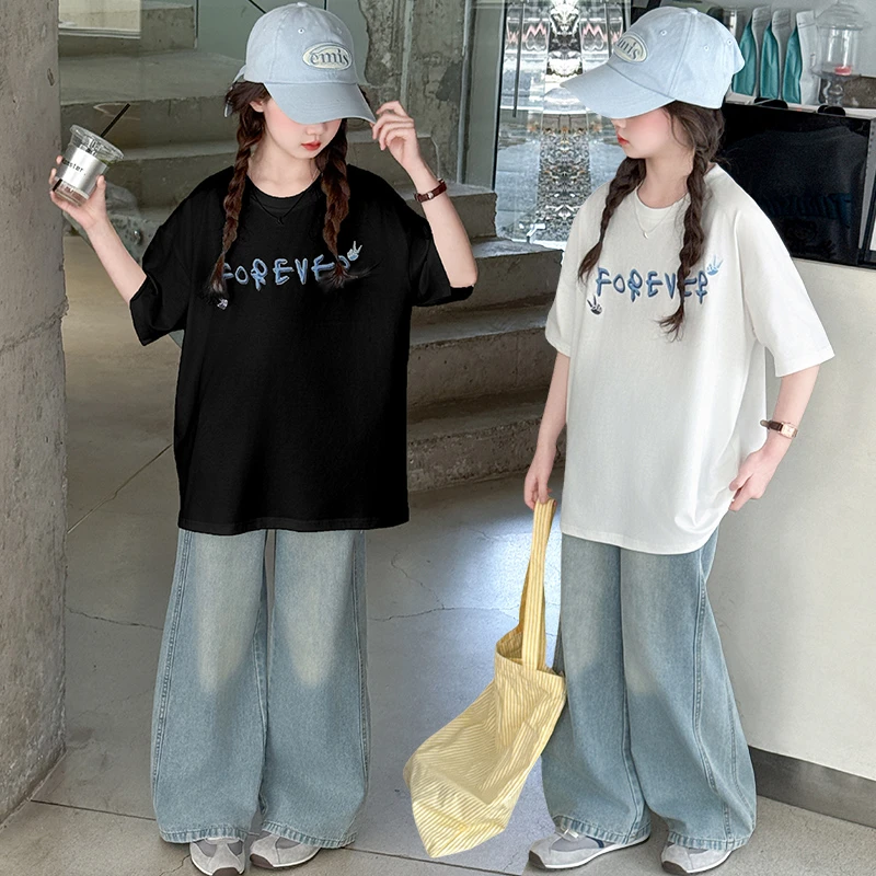 女童夏季套装2025新款短袖T恤儿童韩版薄款牛仔裤女孩款大童半袖T