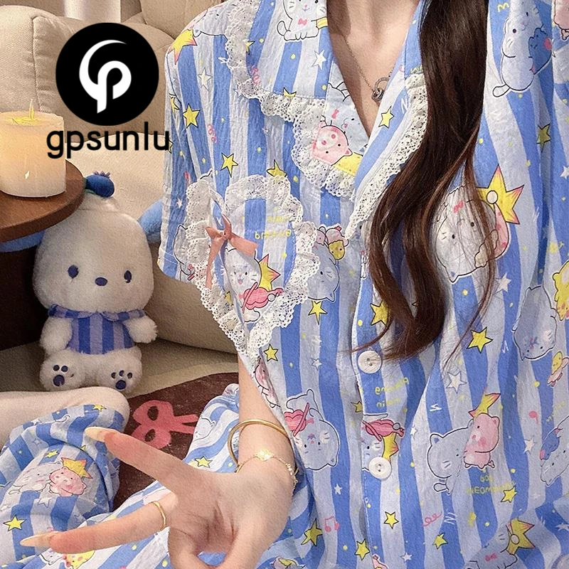 GPSUNLU蓝条睡衣少女感夏季薄款短袖短裤带胸垫卡通可爱家居服