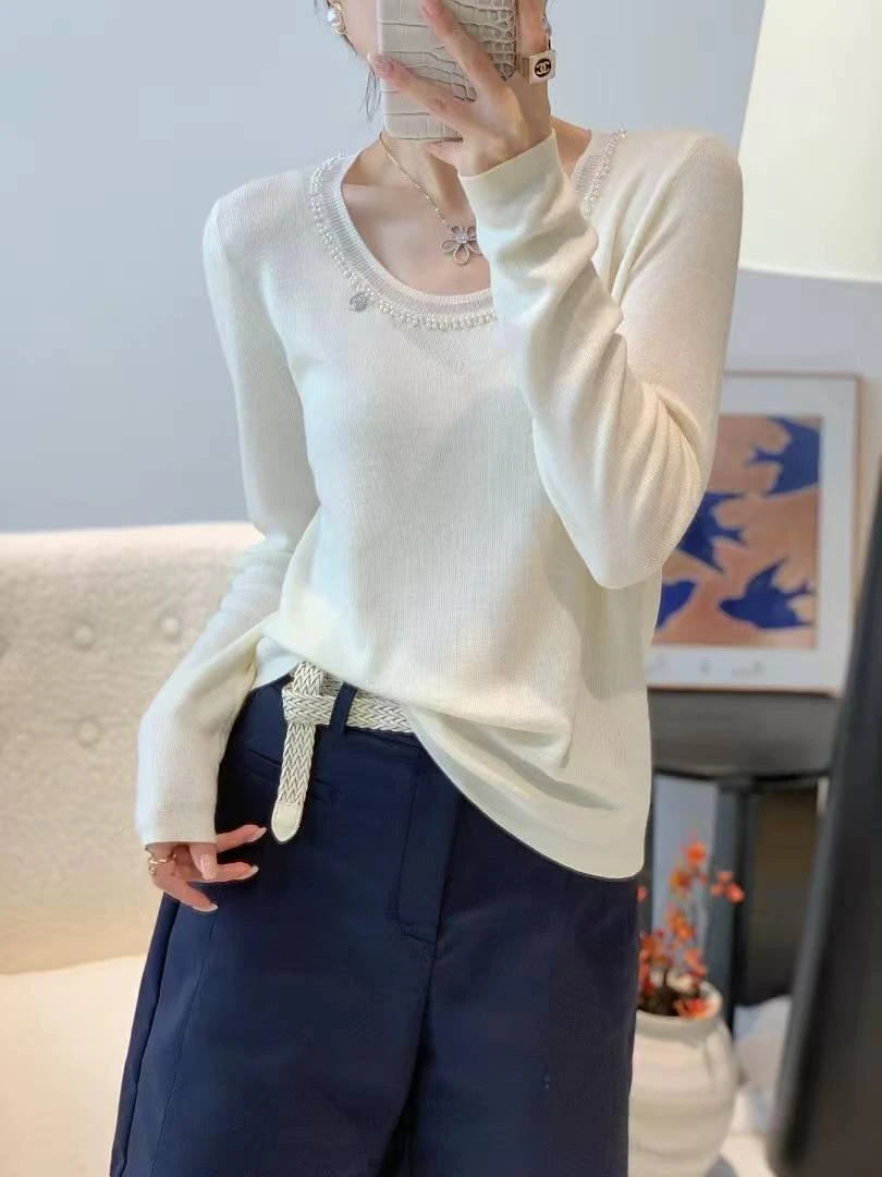 钉珠低圆领软糯羊毛针织打底衫女秋冬简约百搭时尚长袖内搭上衣潮