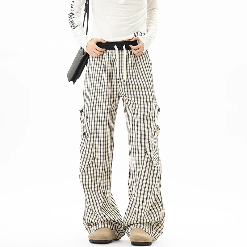 美式格子拼接抽绳松紧腰休闲裤男女秋季复古直筒宽松阔腿百搭长裤