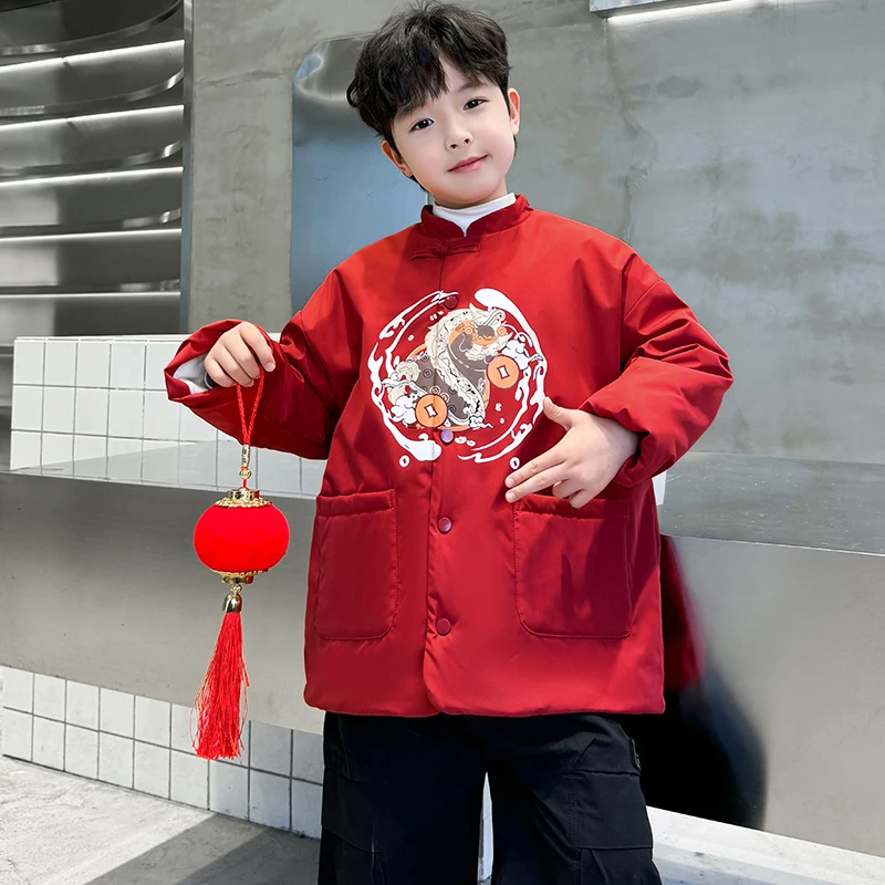 男童中大童国潮红色中国龙印花棉服加绒加厚保暖运动休闲拜年服冬