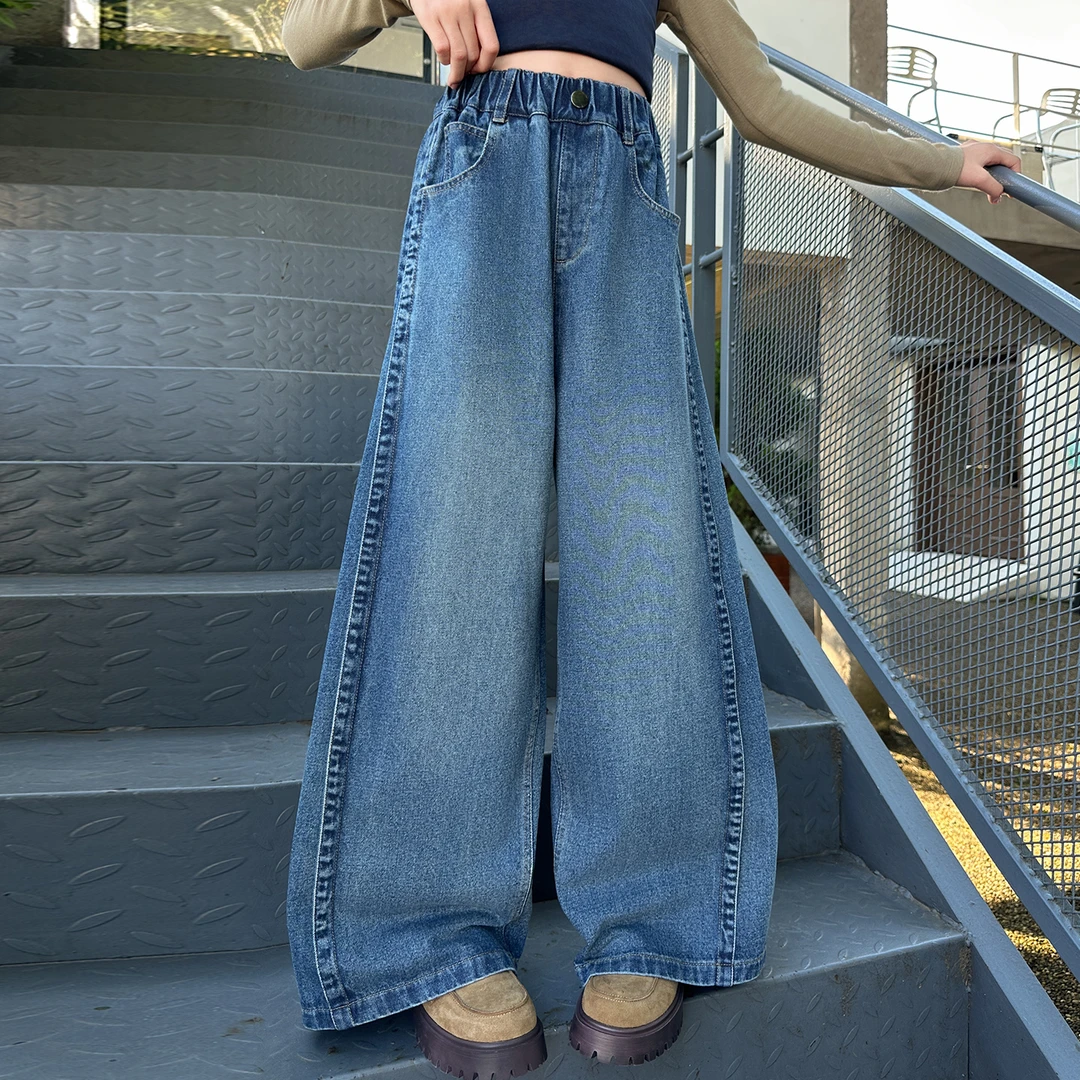 女童牛仔阔腿裤春秋款2025新款中大童韩版长裤女孩个性洋气裤子潮