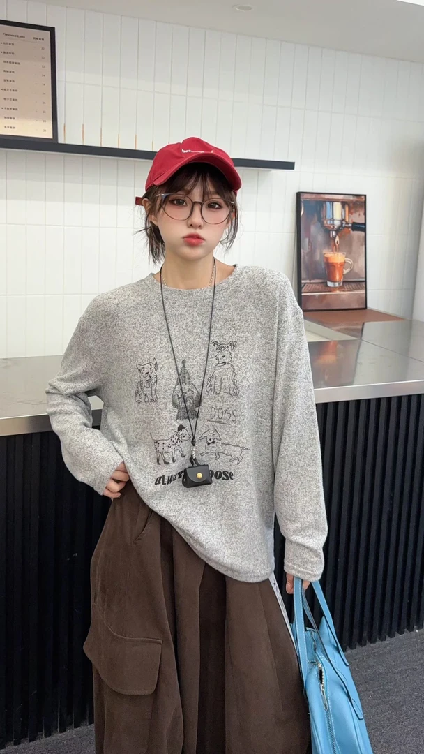 T恤中长款【净版小狗】长袖印花防风少女风卡通动漫宽松圆领