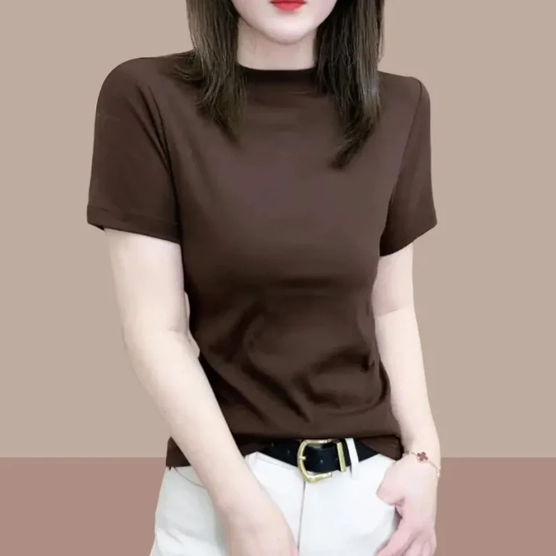 简约纯色半高领T恤女2026夏新款修身显瘦显高通勤百搭短袖上衣女