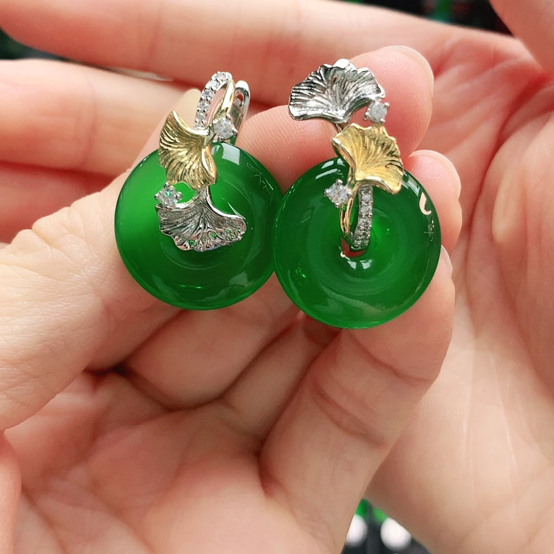 玛瑙/玉髓耳钉银S925镶嵌