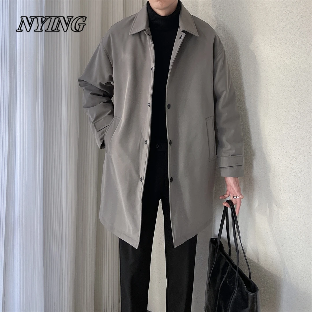 NYING翻领风衣式冬季宽松阔版中长款白鸭绒加厚保暖外套羽绒服男