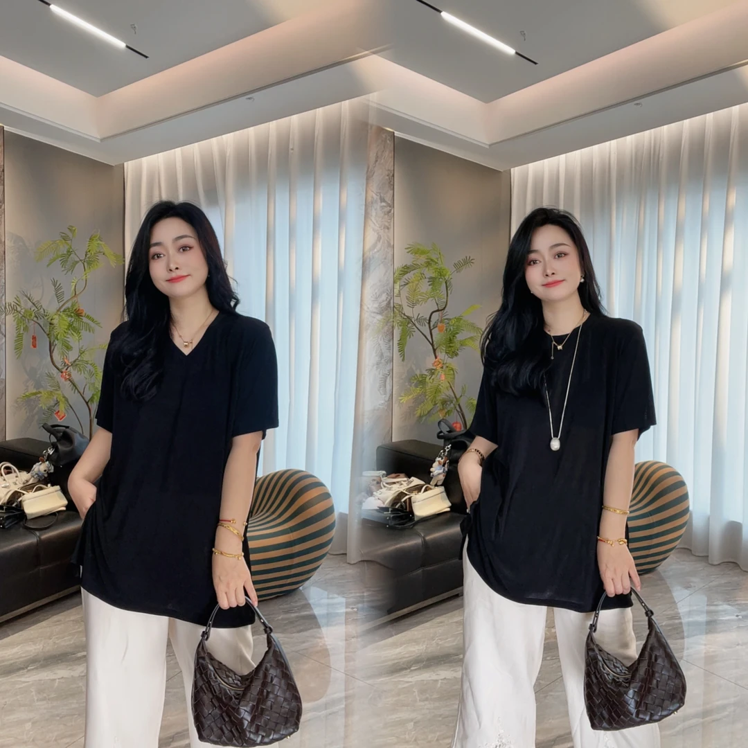 【现货】夏季新款宽松大版中长款五分袖透气女款圆领T恤