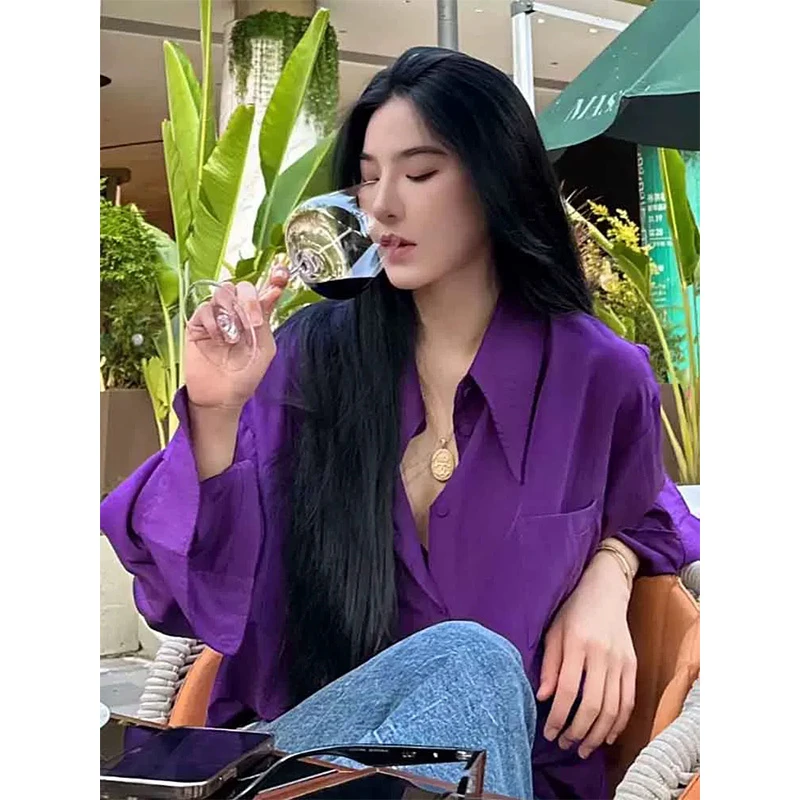 港风宽松扎染印纯色衬衫女2025春季新款设计感小众长袖上衣