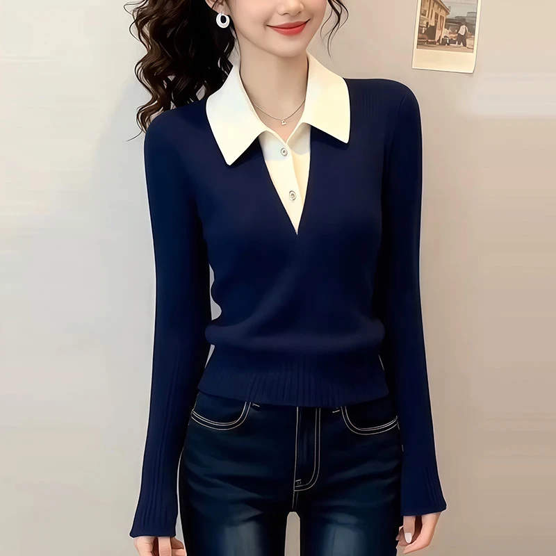 M897时尚气质优雅风拼色翻领针织衫女2025秋冬新款百搭显瘦上衣