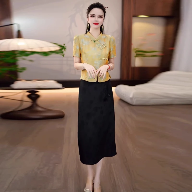 新中式时尚套装裙女2025夏季新款洋气盘扣短袖上衣半身裙两件套裙