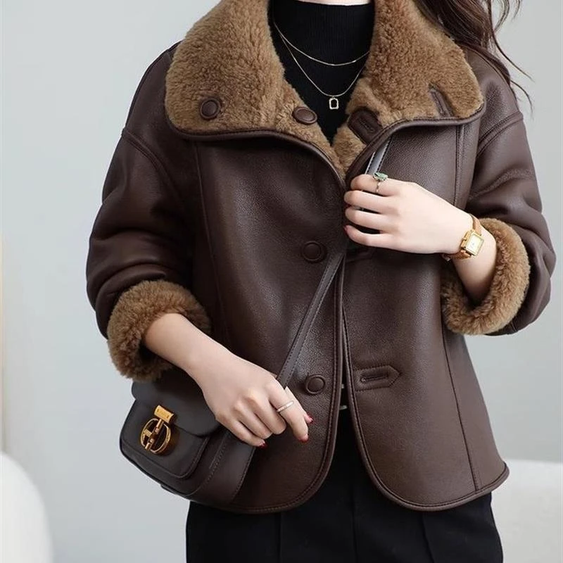 两面穿羊剪绒皮毛一体女外套大毛领皮衣夹克妈妈装加绒加厚小棉袄